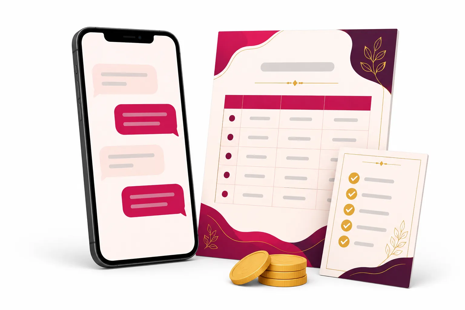A phone showing a client chat, beside a printed rate card, a ticked checklist and a stack of gold coins