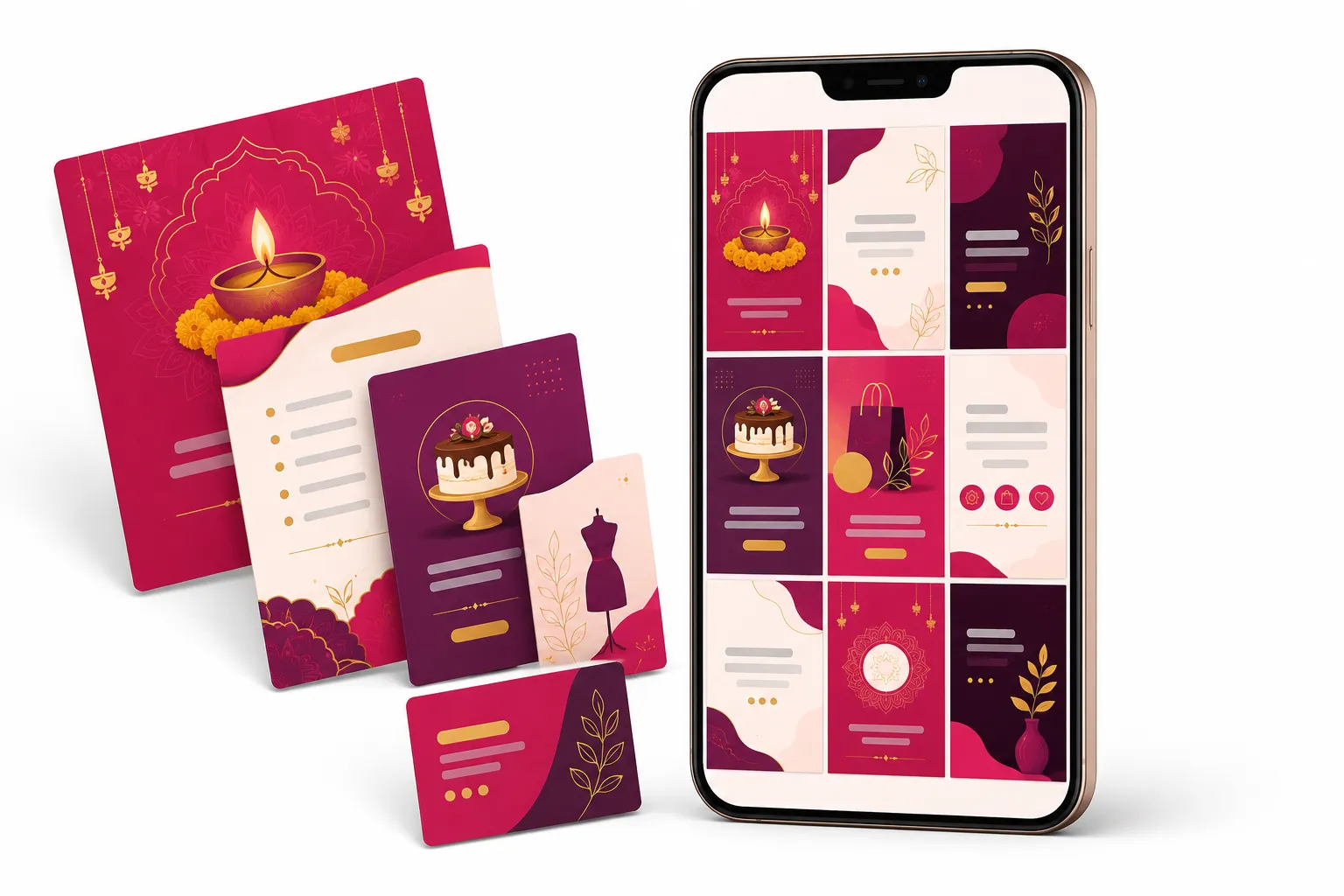 A phone showing a grid of rose and gold social media templates, beside printed festival, price list and visiting card designs