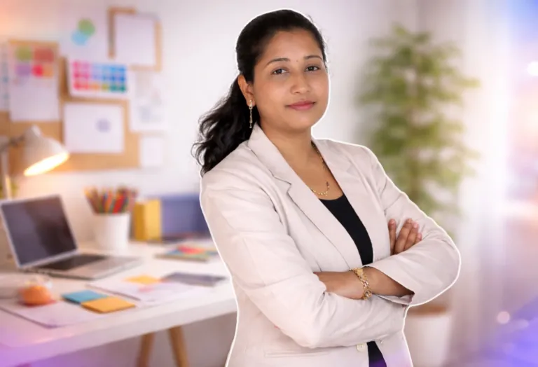 Shru standing in a bright home design studio with a laptop and colour swatches